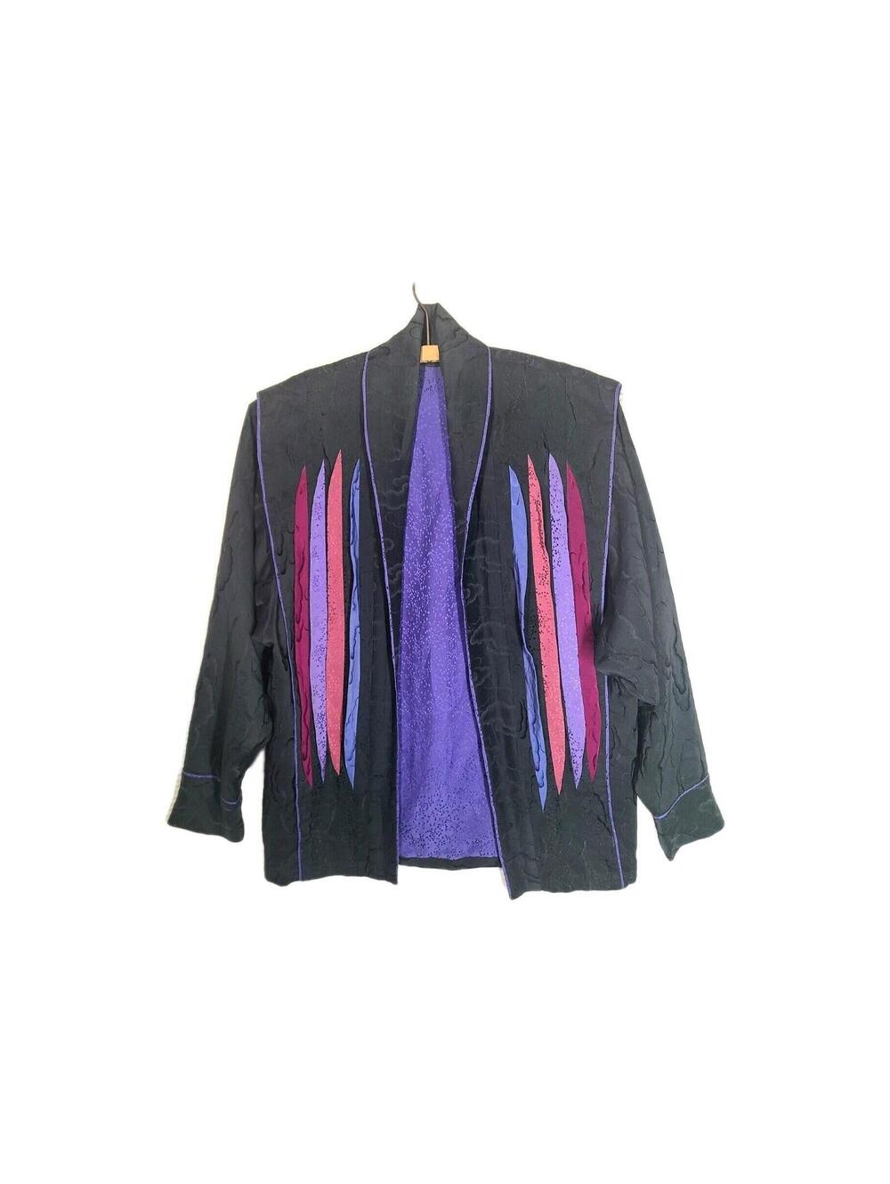 Vtg 80s Black Nylon Kimono Jacket Color Decoration Ooak Unique 90s Retro M L - Picture 2 of 9